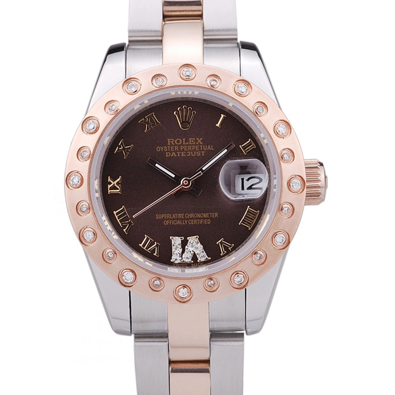 Best AAA Replica Sites Rose Brown Diamonds Bezel Gold Polished Dial Datejust 7475 Rolex 1015